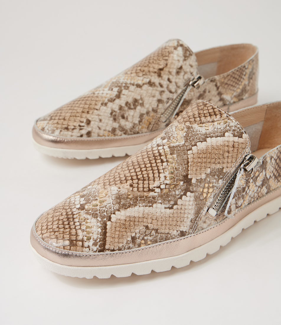 Ashli Neutral Metallic Platino Leather Flat Shoes