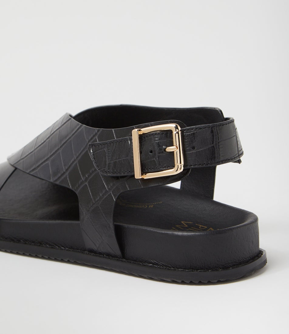 Hanako W Black Croc Leather Sandals