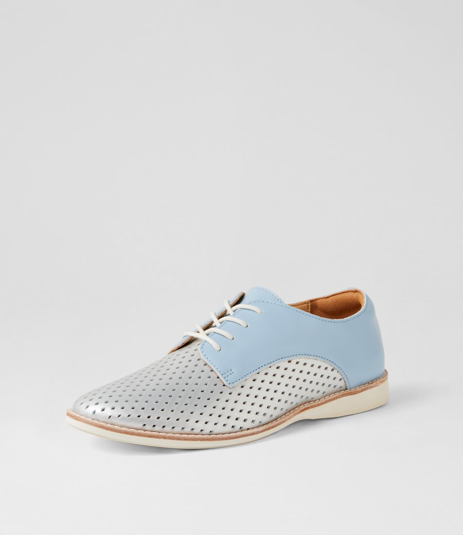 Derby Punch Overlay Silver Sky Leather Lace Up Flats