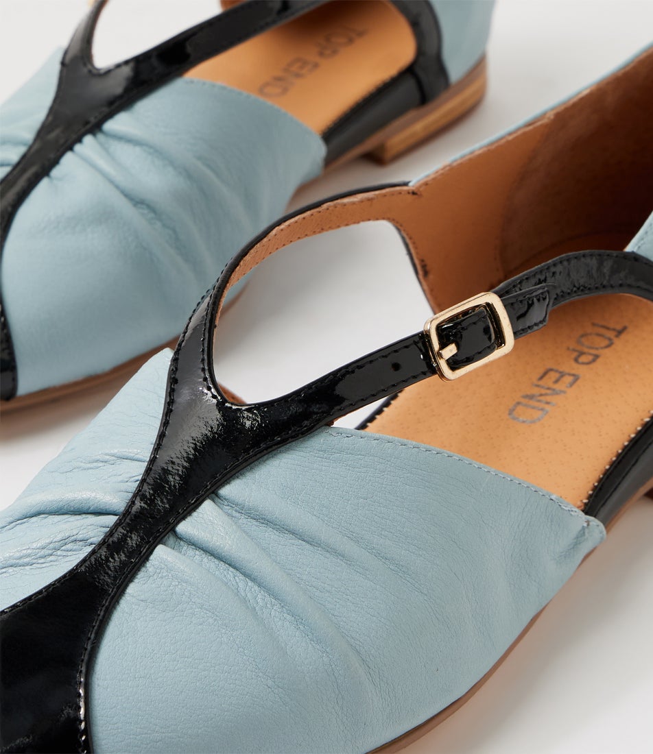 Sebba Black Denim Patent Leather Flat Shoes