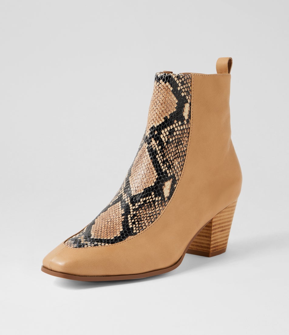 Reddy Camel Black Caramel Leather Snake Ankle Boots