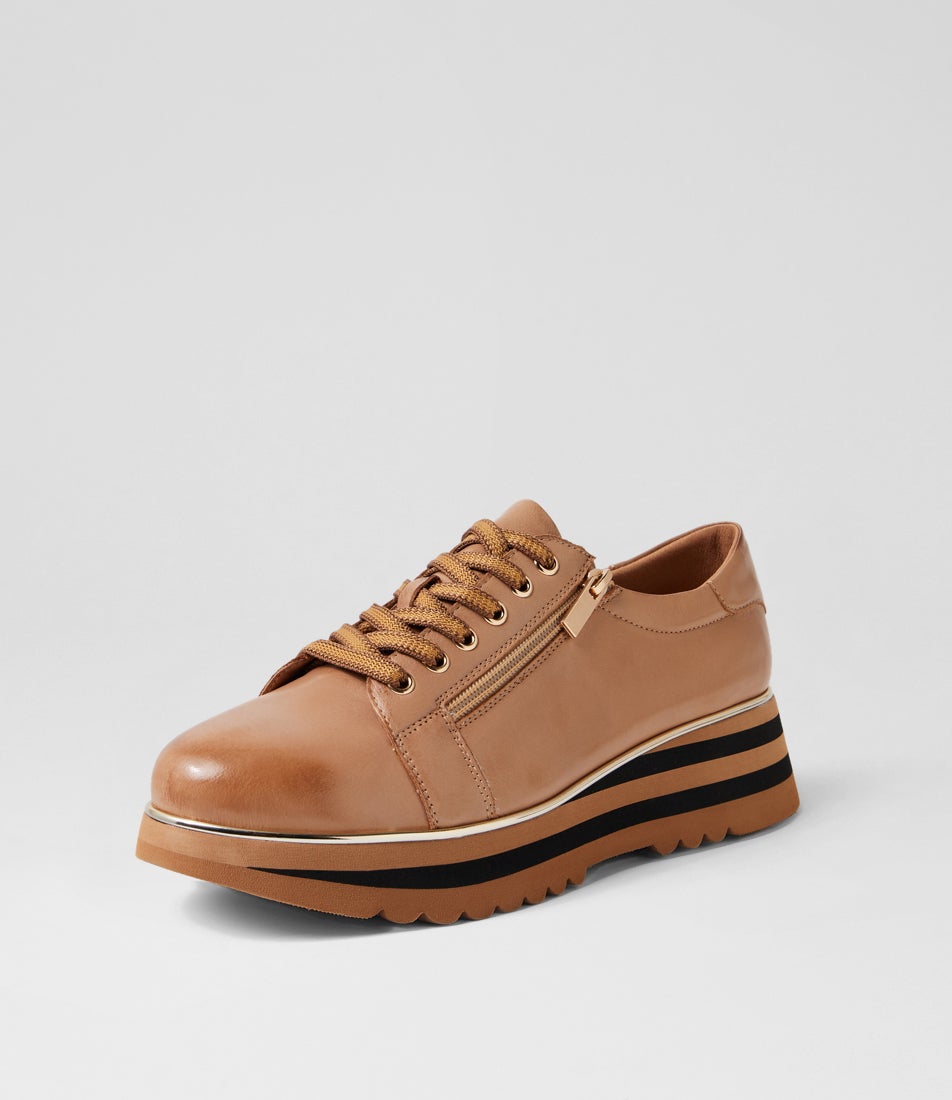 Eammes Cognac Black Leather Lace Up Flats