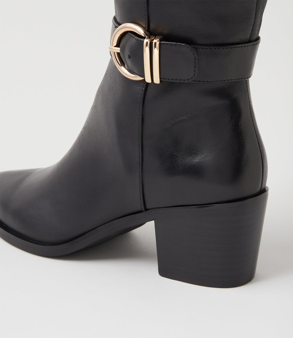 Farally Black Leather Knee High Boots