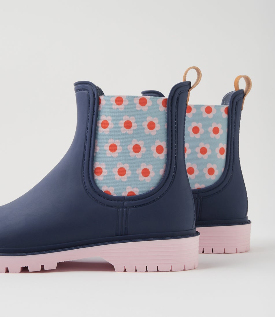 Laurina2 Midnight Blue Floral Gumboot Ankle Boots