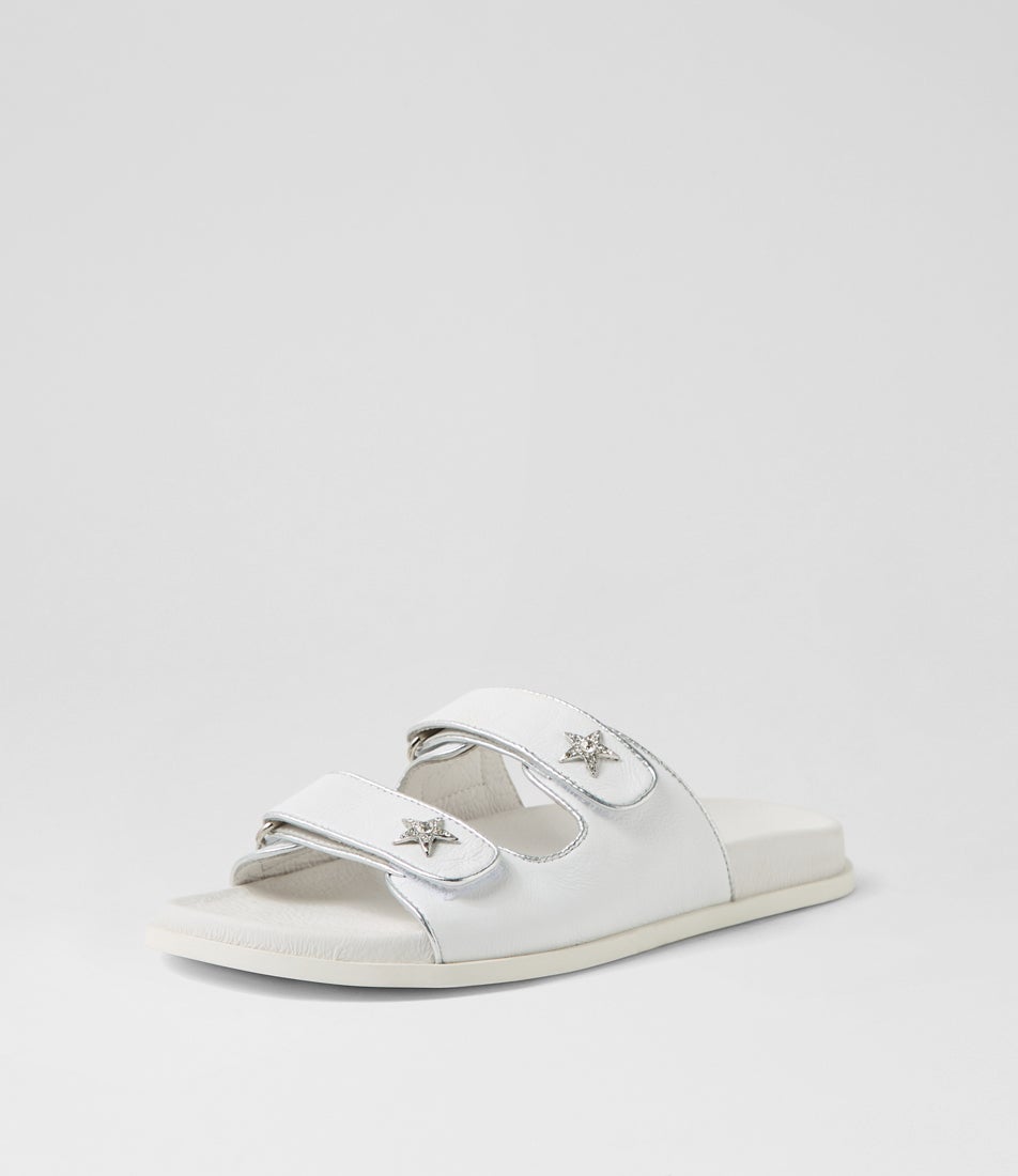 Toloo White Silver Leather Slides