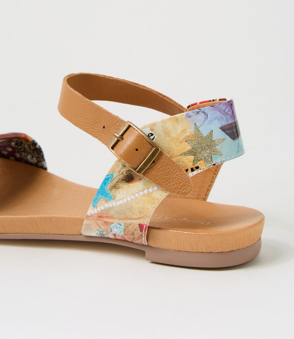 Jinnit Collage Print Tan Patent Leather Sandals