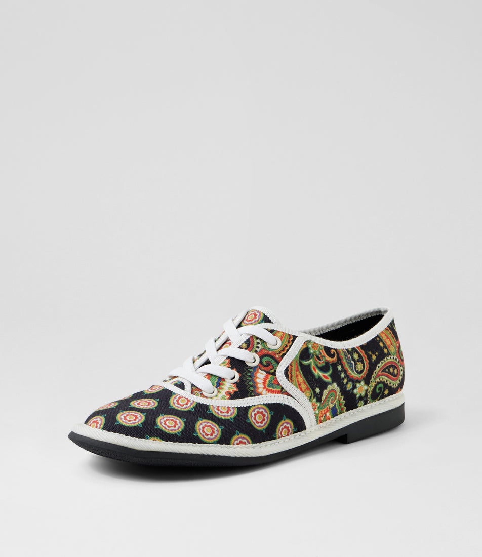Lottes Black Multi Fabric Lace Up Flats
