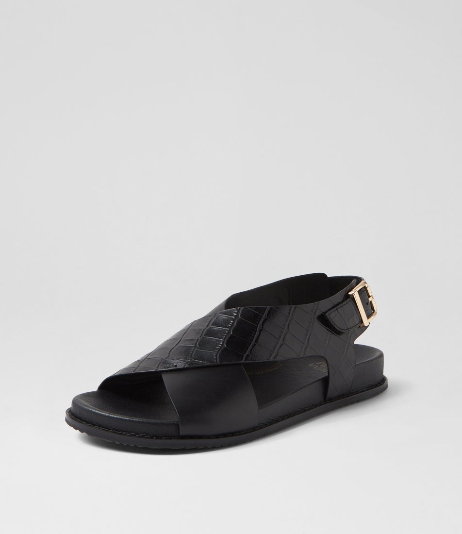 Hanako W Black Croc Leather Sandals
