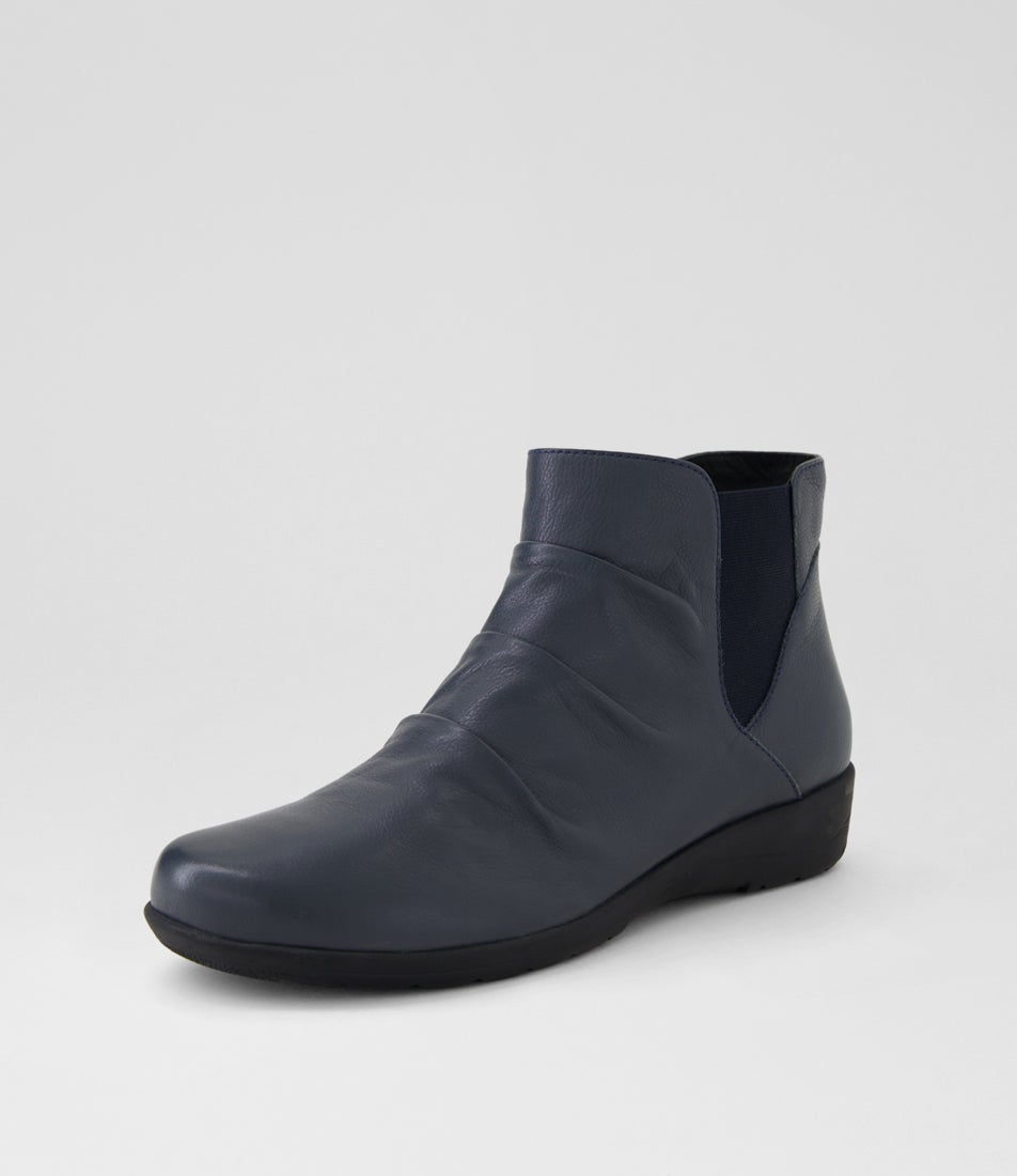 Panka Navy Leather Elastic Ankle Boots