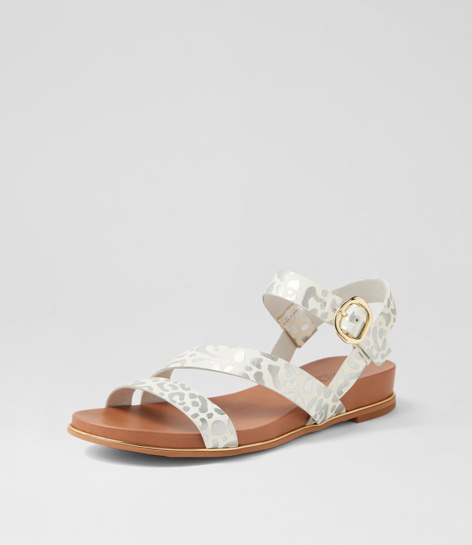 Lindi White Metallic Leopard Leather Sandals