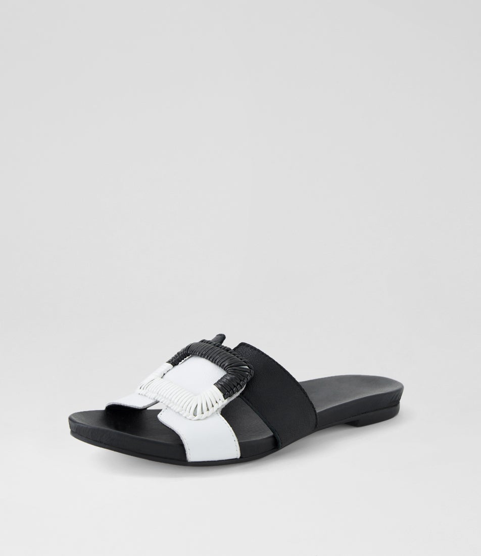 Juniper White Black Leather Slides