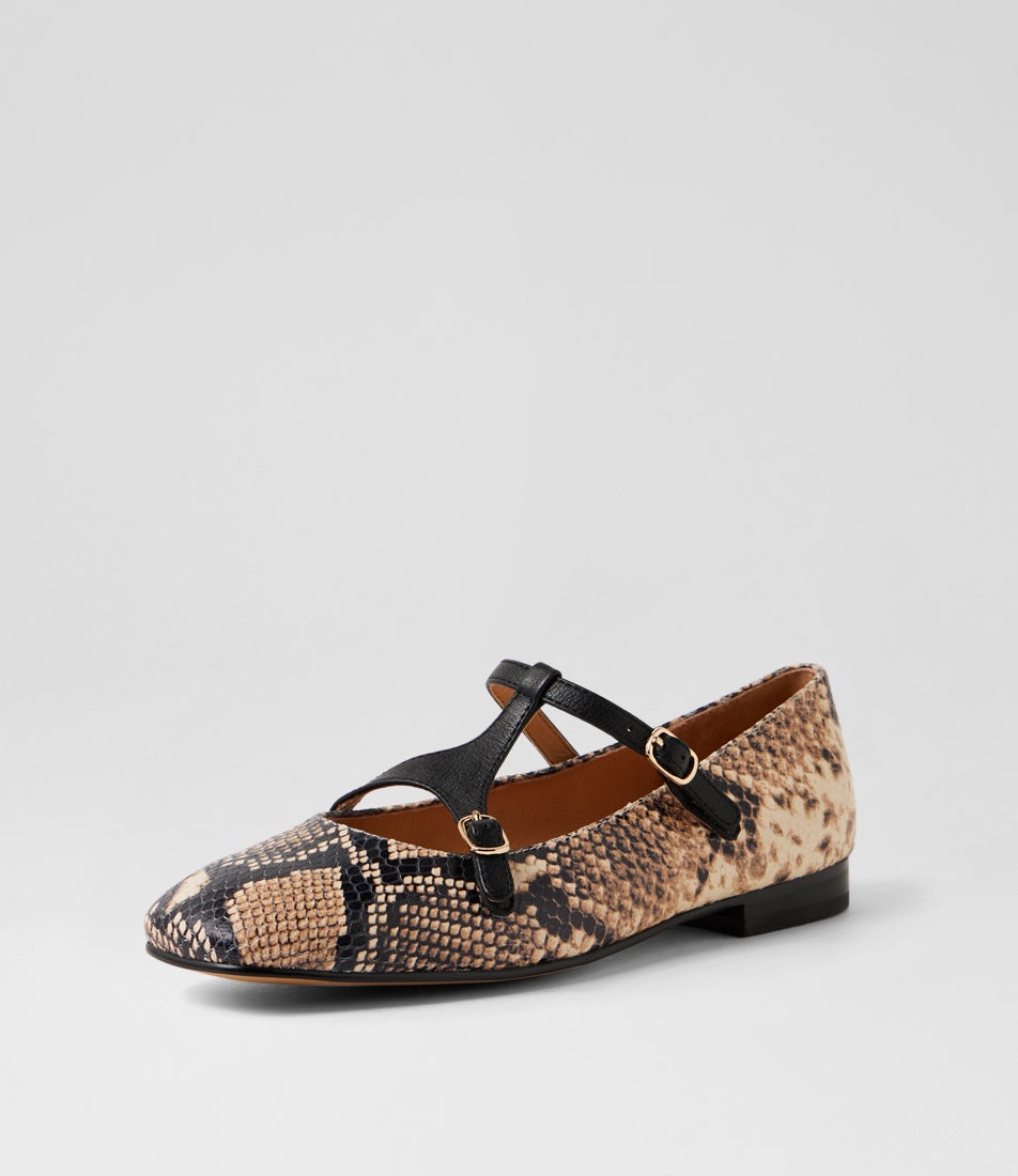 Perman Black Caramel Snake Leather Flat Shoes