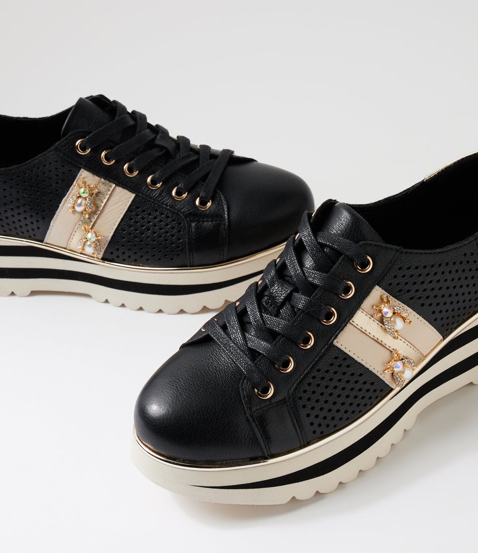 Eaglesy Black Milk Leather Lace Up Flats