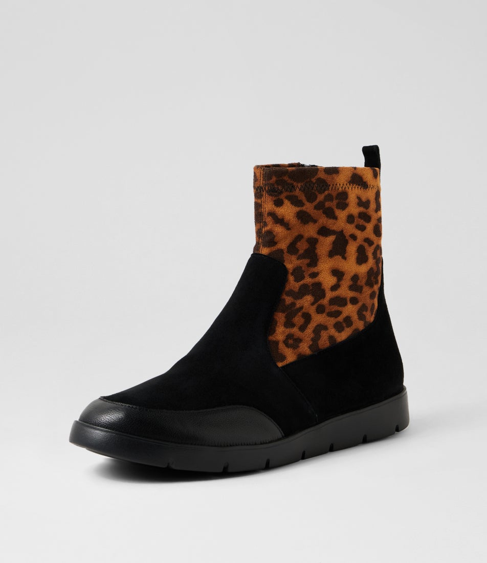 Marle W Black Leopard Leather Mix Ankle Boots