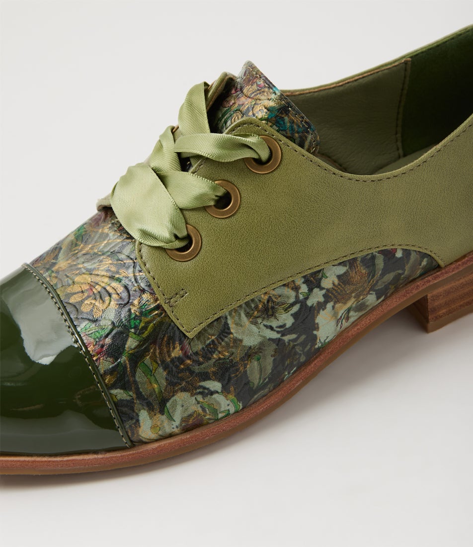 Hannie Dark Khaki Olive Floral Patent Pu Lace Up Flats