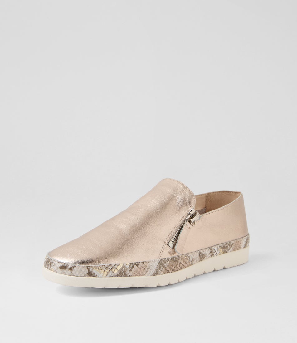 Ashli Platino Neutral Metallic Leather Snake Flat Shoes
