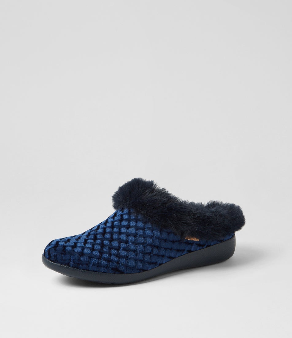 Fifi Xw Navy Emboss Velvet Slippers
