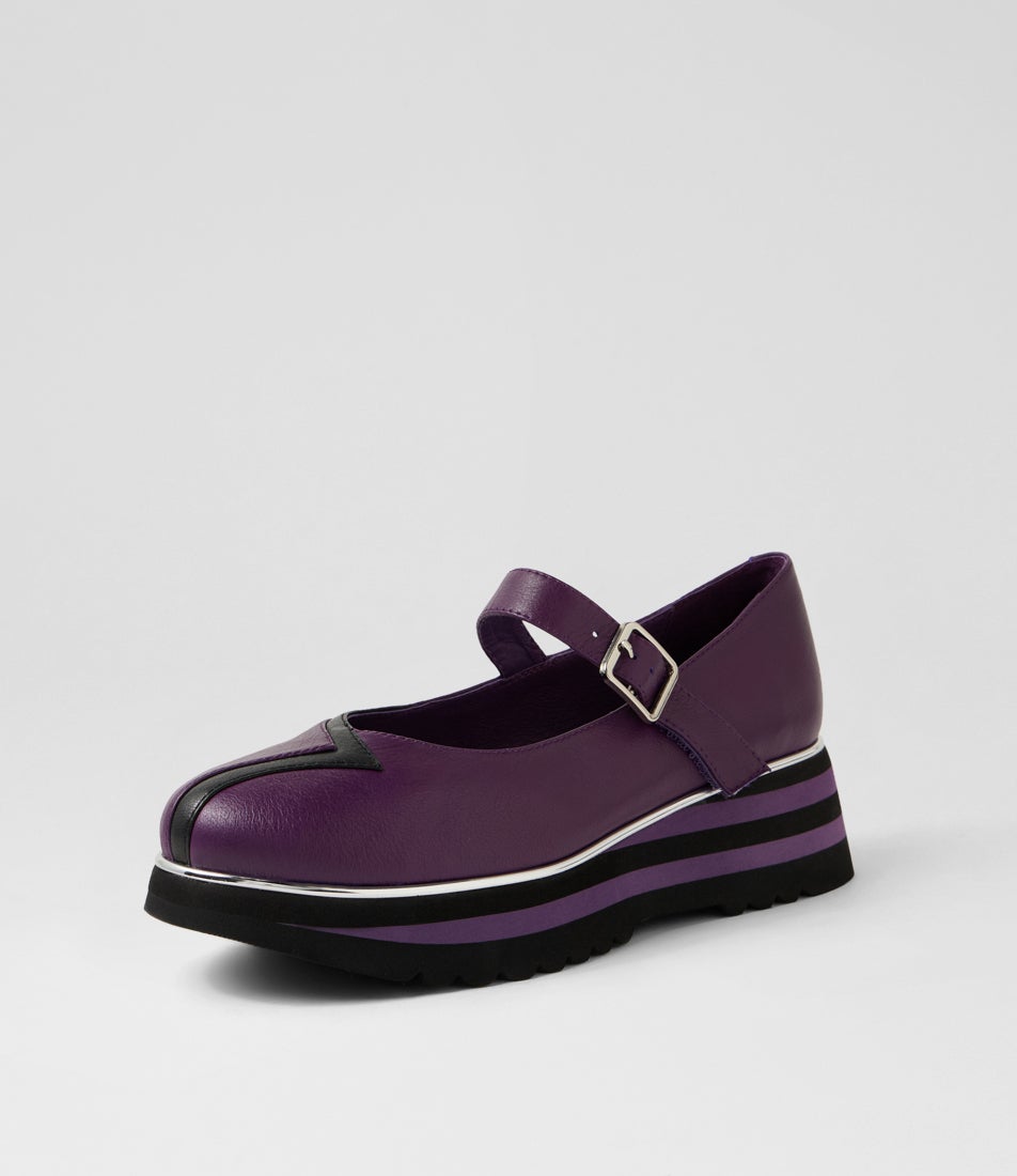 Elanies Purple Black Leather Flat Shoes