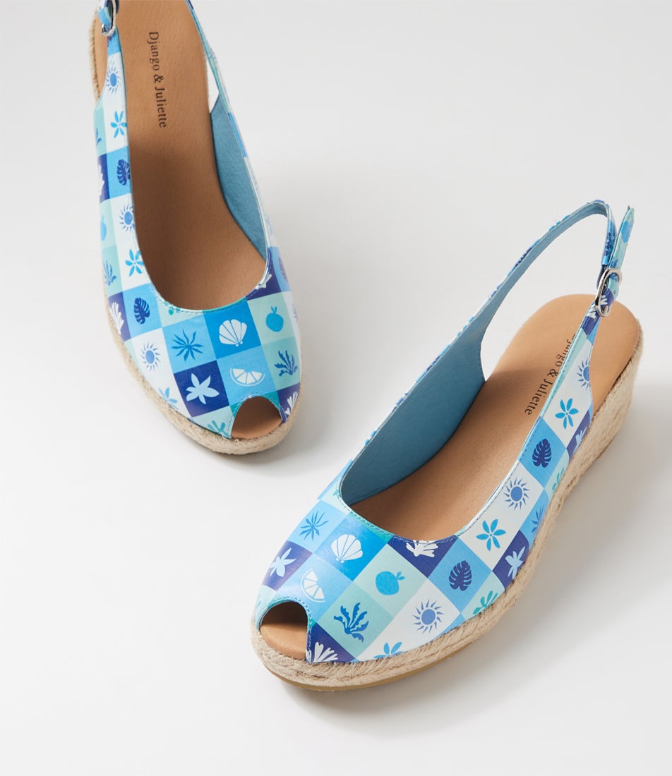 Saniarly Blue Squares Natural Rope Leather Sandals