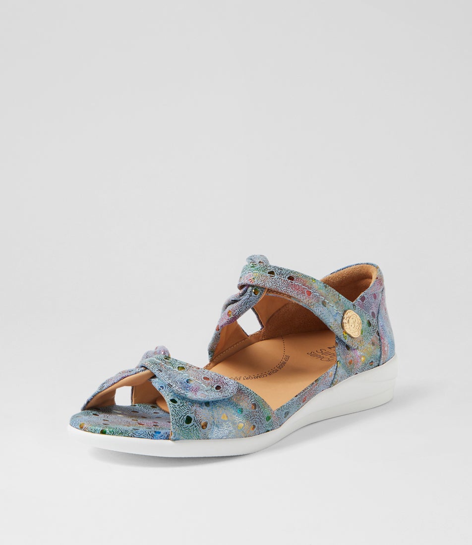 Doxie W Blue Dot Print Leather Sandals