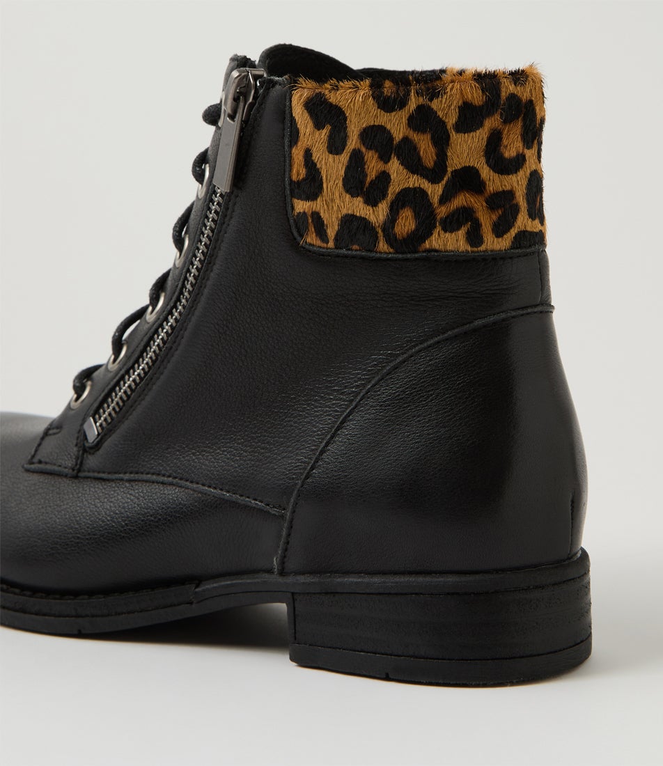 College Black Light Tan Leopard Leather Multi Lace Up Boots