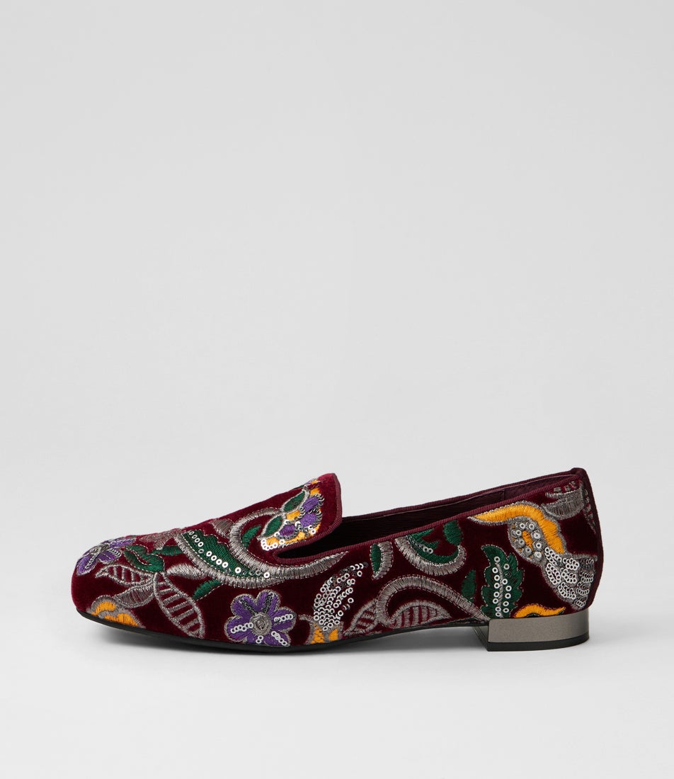Faires Burgundy Embroidery Velvet Loafers