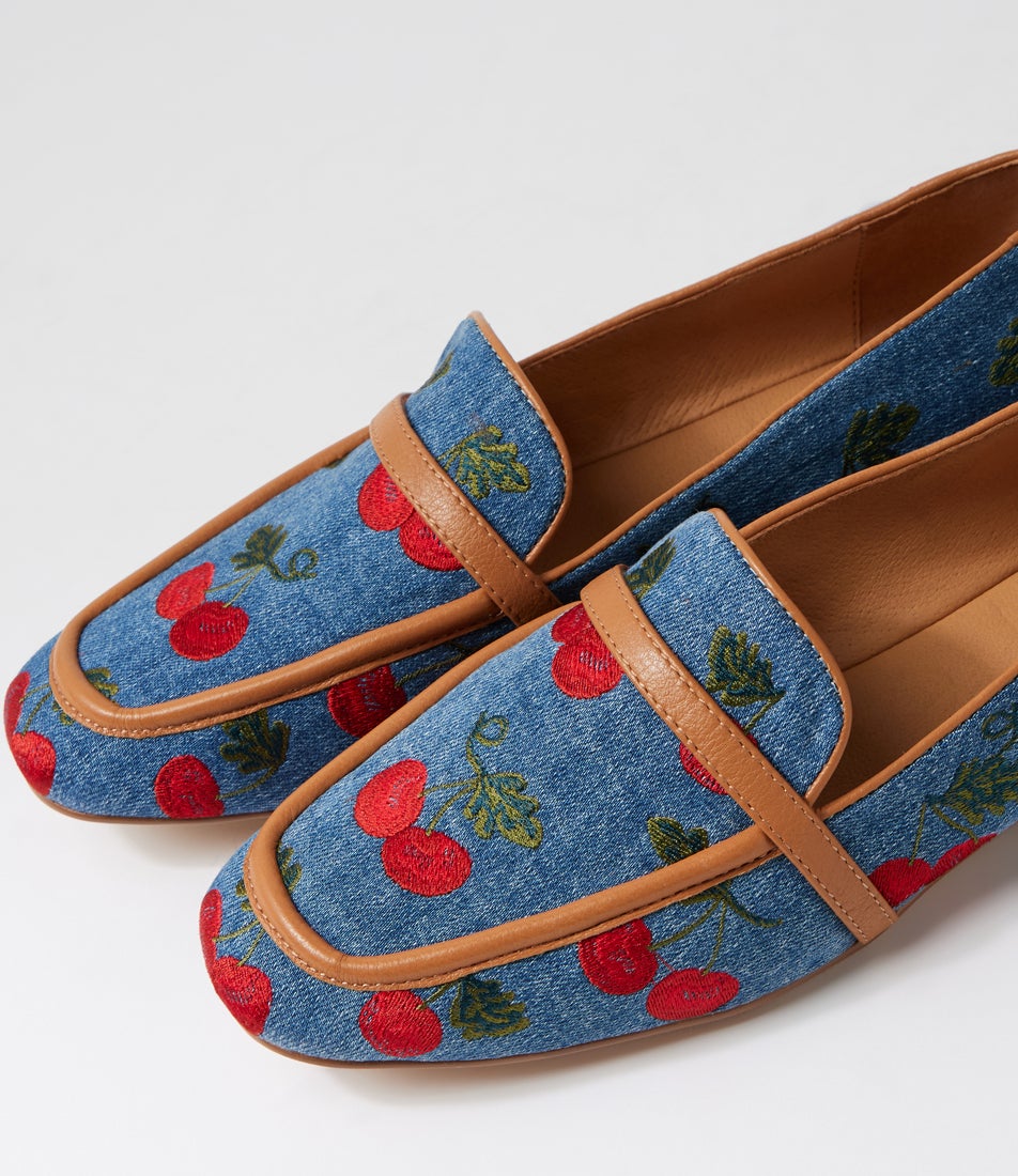 Mansury Blue & Cherries Dark Tan Fabric Loafers Mansury Blue & Cherries Dark Tan Fabric Loafers