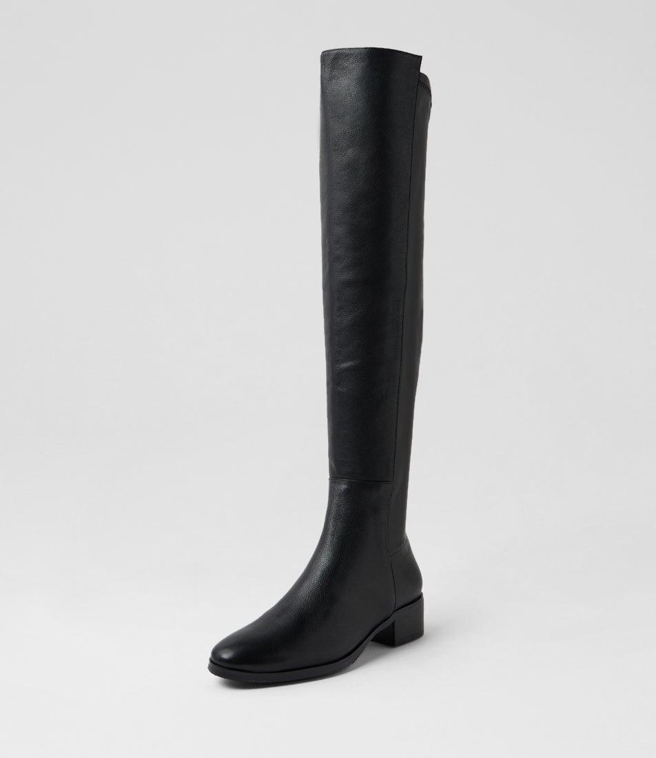 Thanes Black Leather Stretch Knee High Boots
