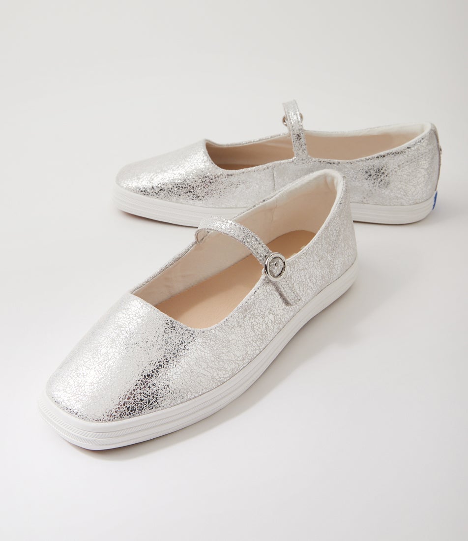 Square Toe Mary Jane Distressed Metallic Silver Leather Flat Shoes