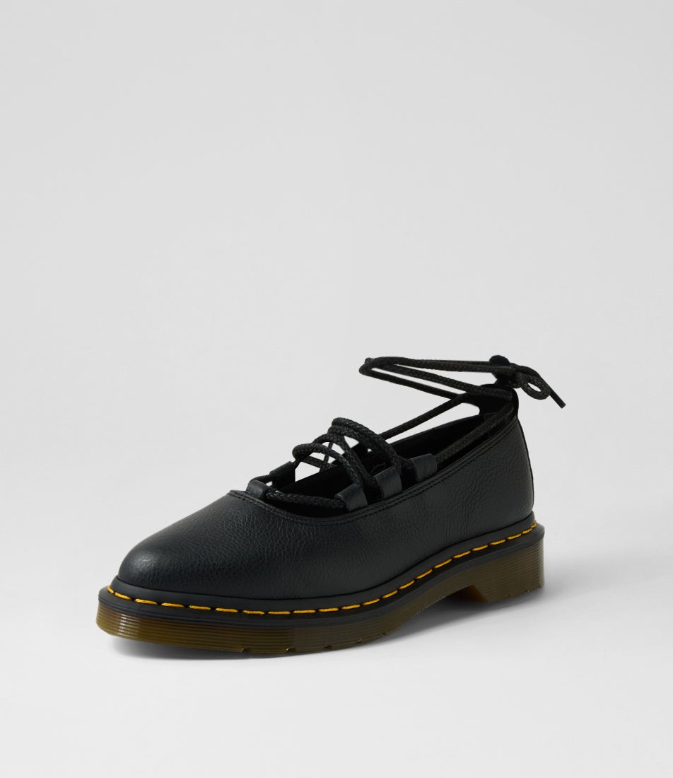 Elphie 2 Lace Up Black Virginia Leather Flat Shoes
