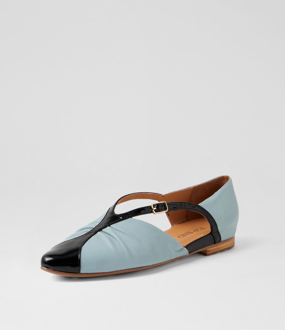 Sebba Black Denim Patent Leather Flat Shoes
