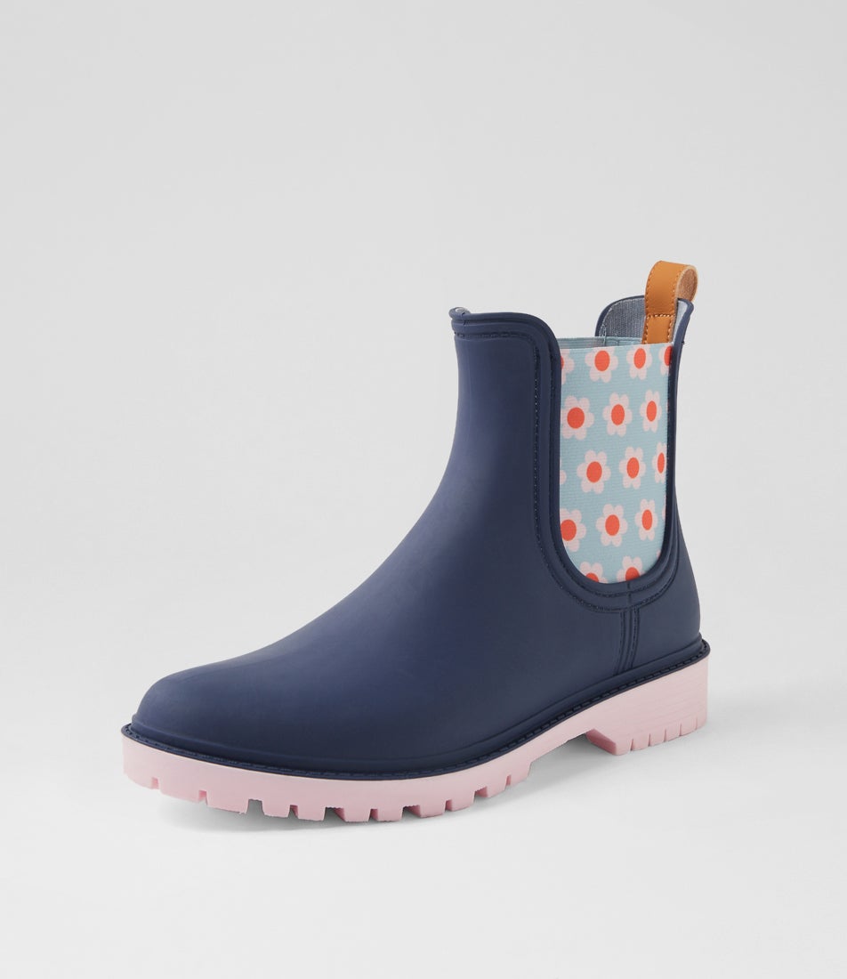 Laurina2 Midnight Blue Floral Gumboot Ankle Boots