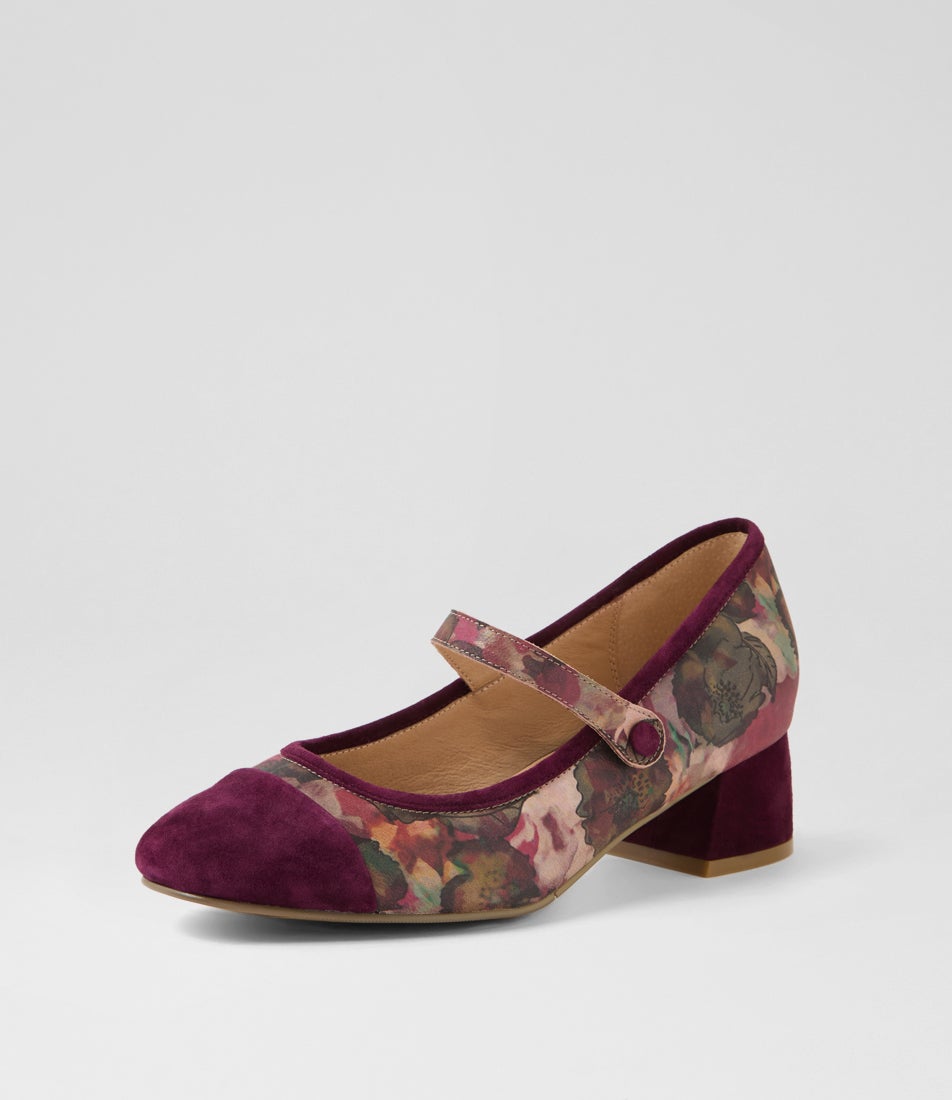 Zilla W Burgundy Shiraz Flower Suede Leather Heels