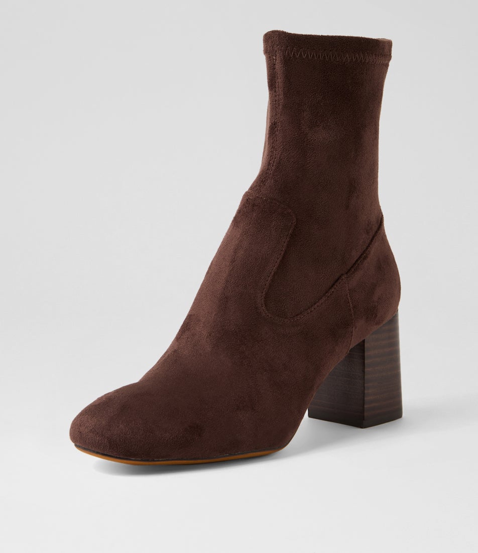 Shortee Deep Dark Brown Stretch Microsuede Ankle Boots