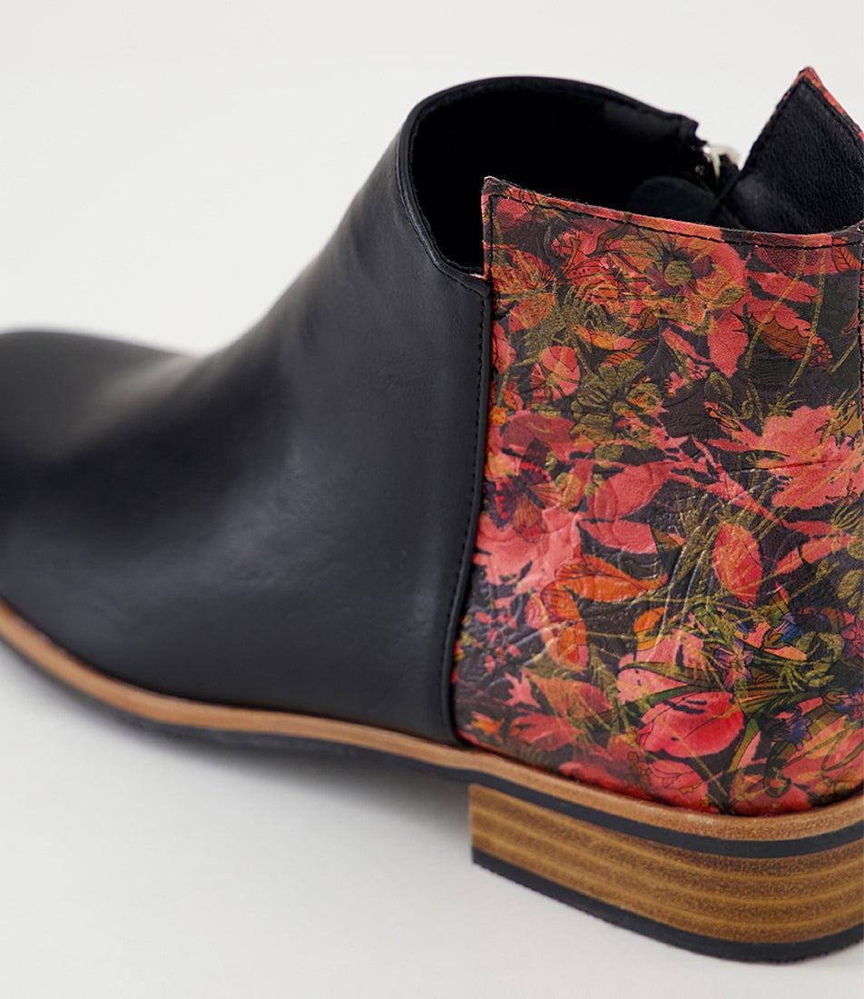 Horson Black Red Floral Ankle Boots