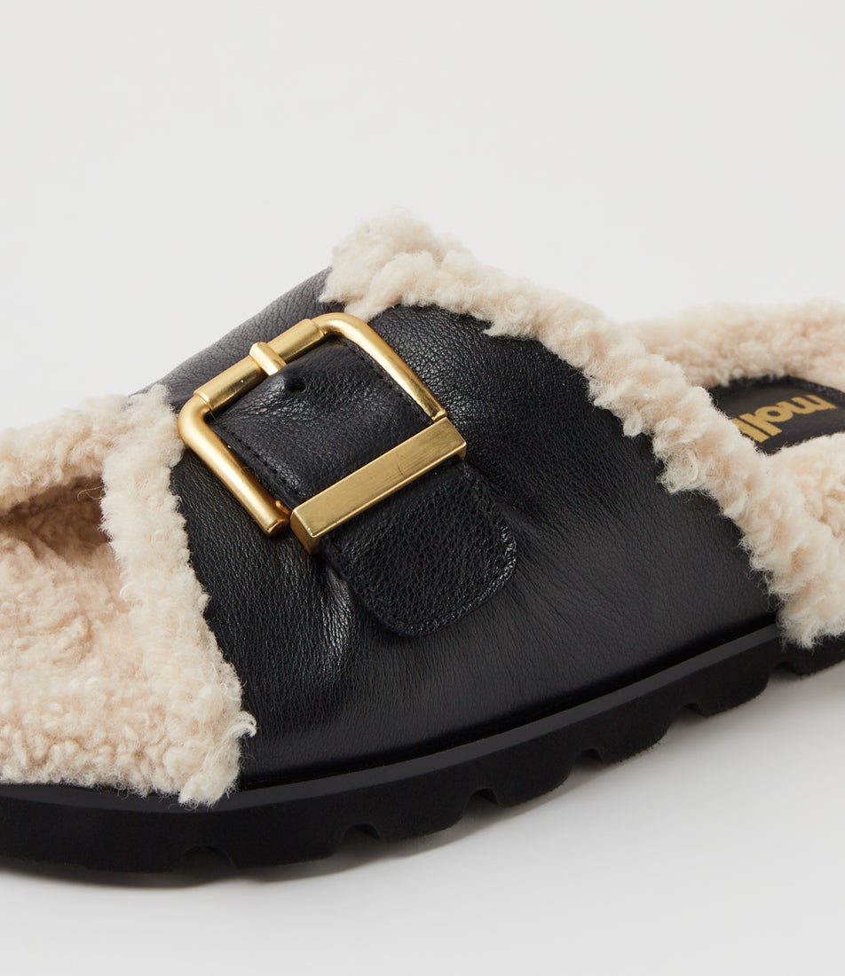 Esme Black Cream Leather Shearling Slides