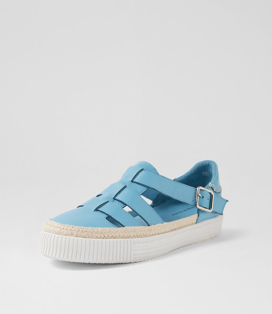 Tanzia Aqua White Leather Flat Shoes