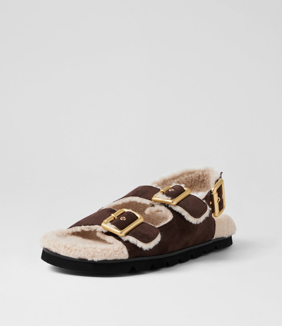 Elidie Dark Choc Natural Suede Faux Fur Sandals