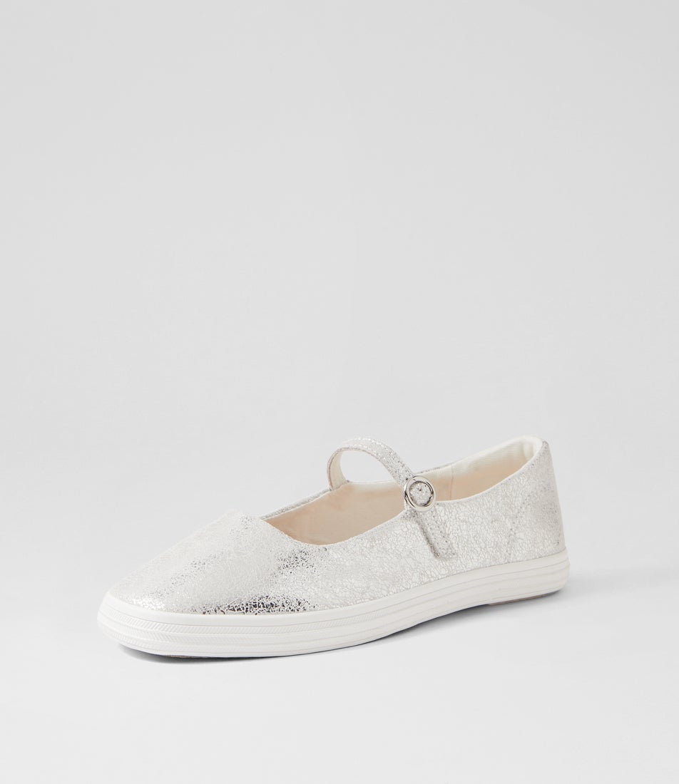 Square Toe Mary Jane Distressed Metallic Silver Leather Flat Shoes