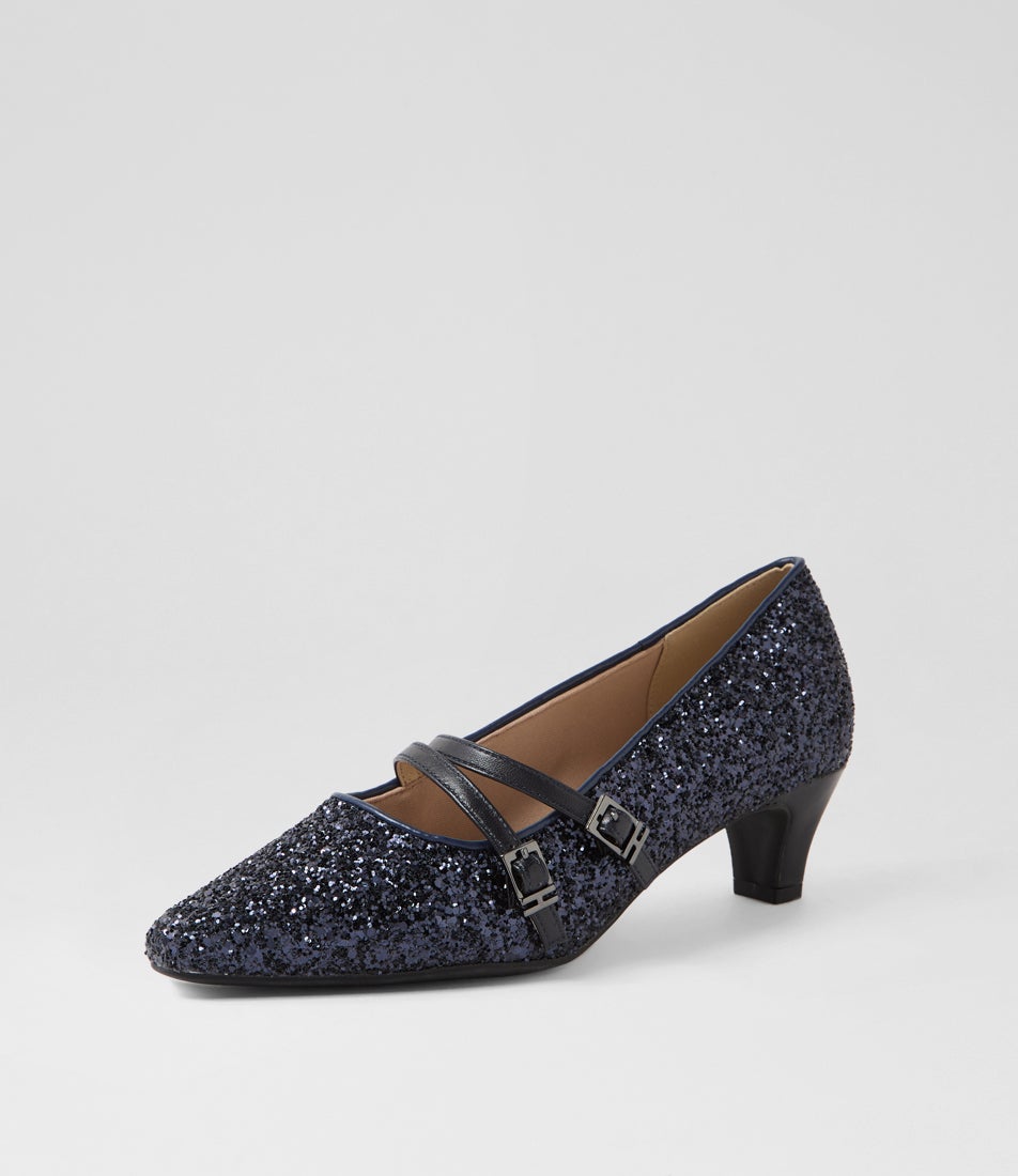 Lavis Navy Glitter Leather Heels Lavis Navy Glitter Leather Heels