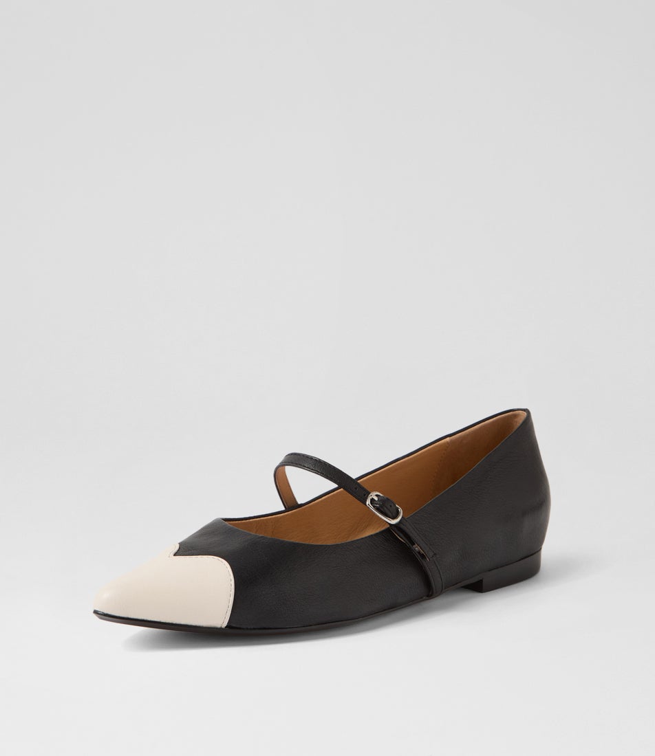 Yian Ivory Black Leather Flat Shoes