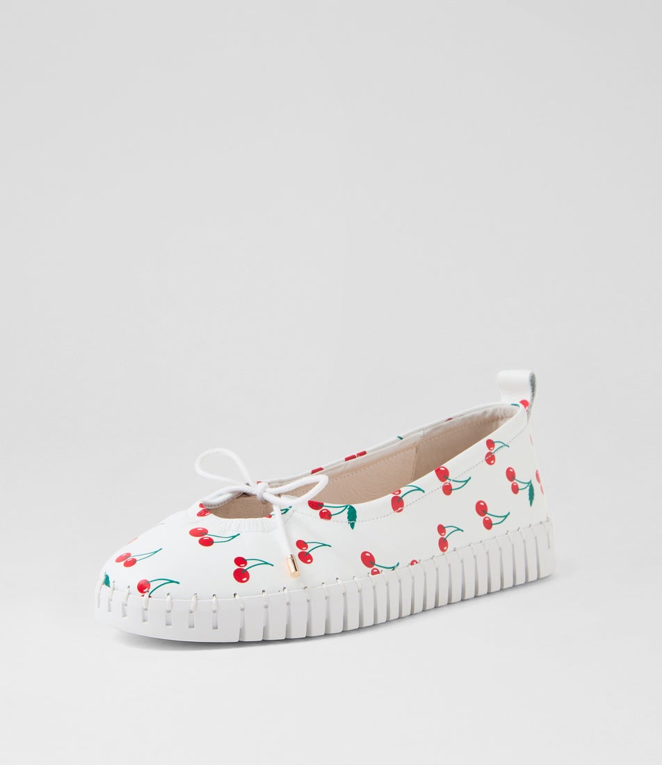 Halimas Cherry Print White Leather Ballet Flats