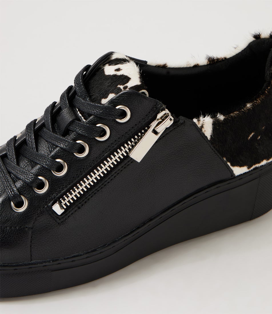 Yossar Black White Cow Leather Pony Sneakers