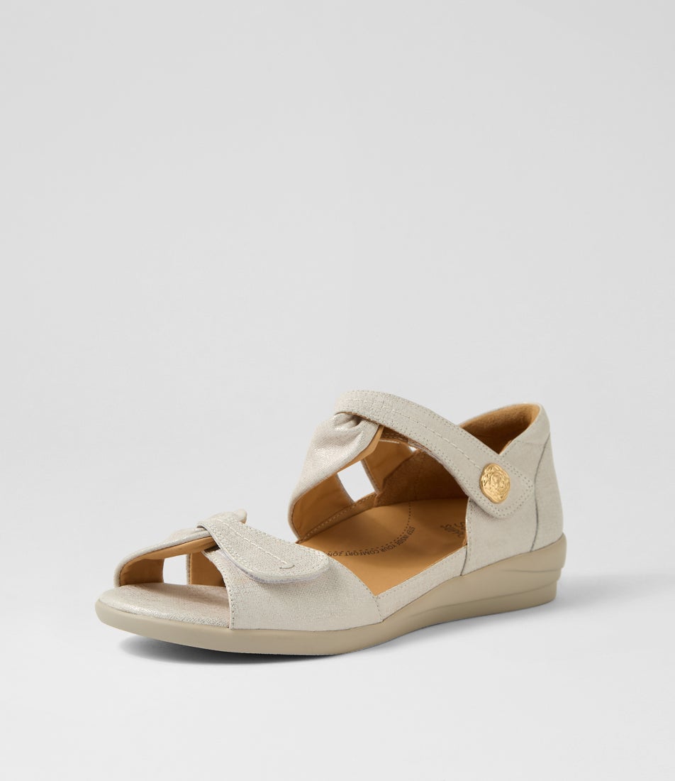 Doxie W Ivory Gold Print Leather Sandals
