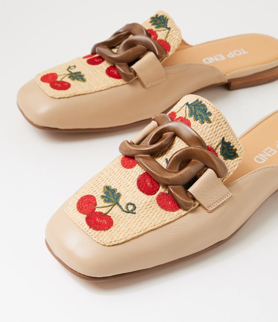 Preeya Camel Cherries Leather Synthetic Raffia Loafers Preeya Camel Cherries Leather Synthetic Raffia Loafers