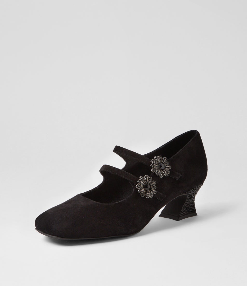 Pixxie Black Suede Jewels Mary Jane Heels