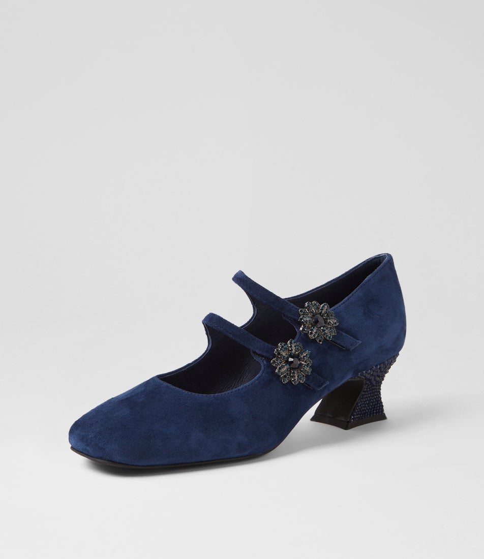Pixxie Navy Suede Jewels Mary Jane Heels