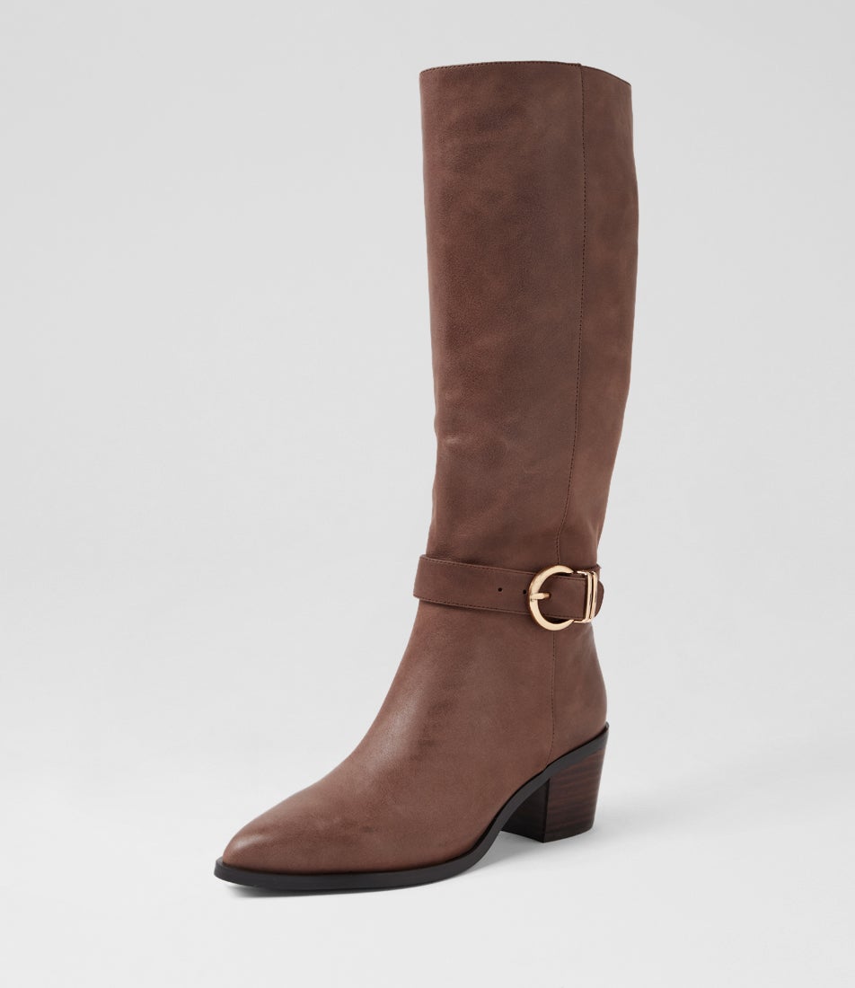 Farally Walnut Dark Brown Leather Knee High Boots