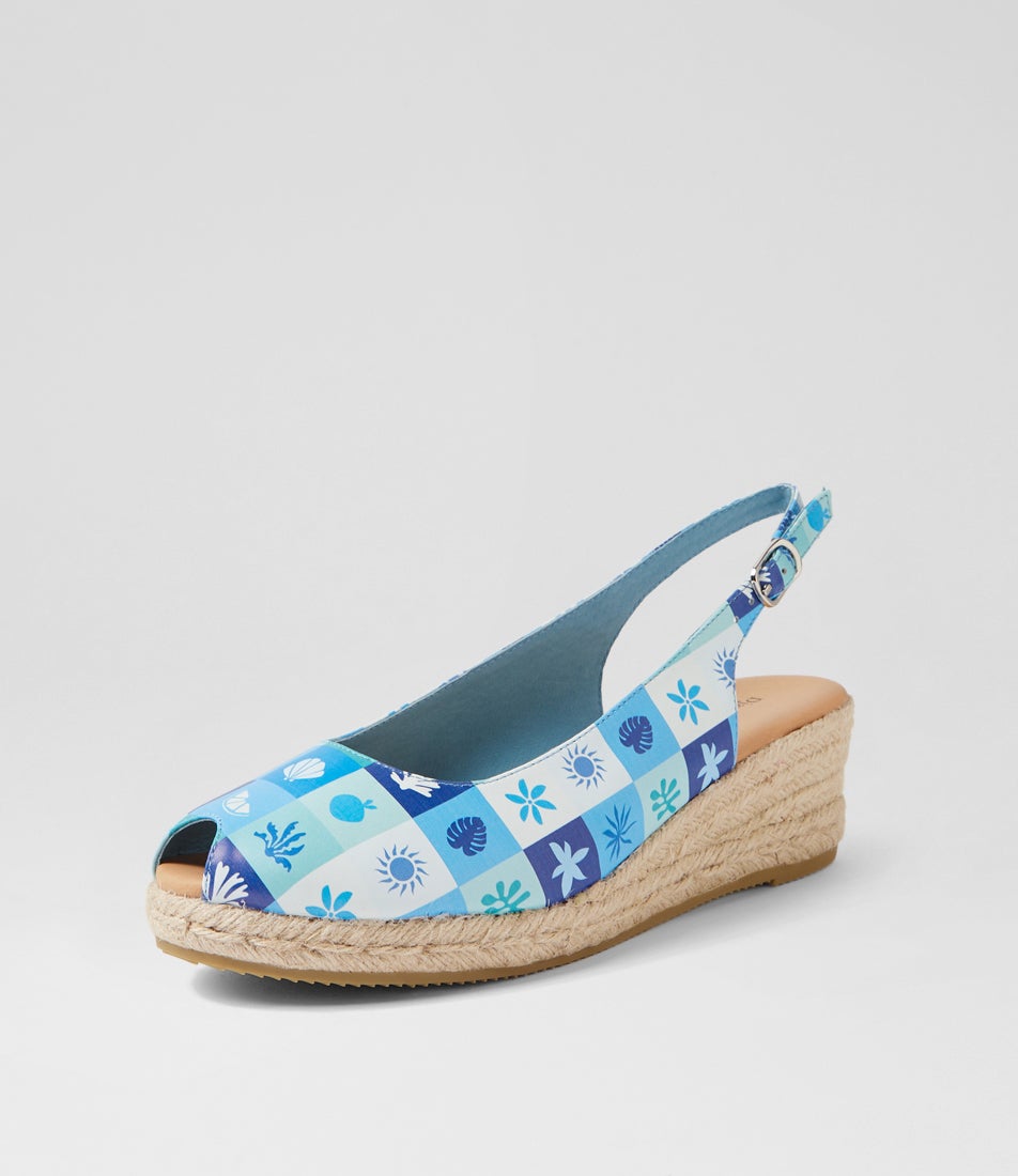 Saniarly Blue Squares Natural Rope Leather Sandals