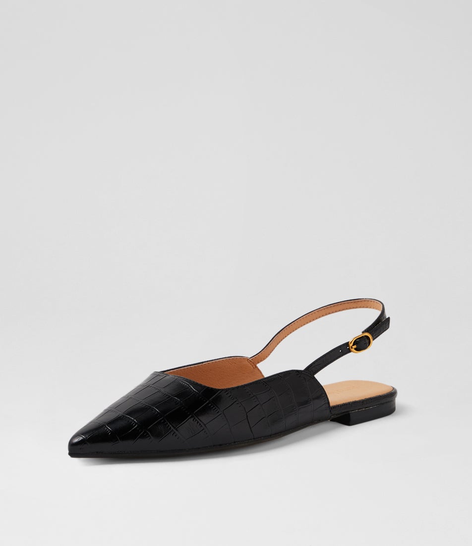Astar Black Croc Leather Flat Shoes